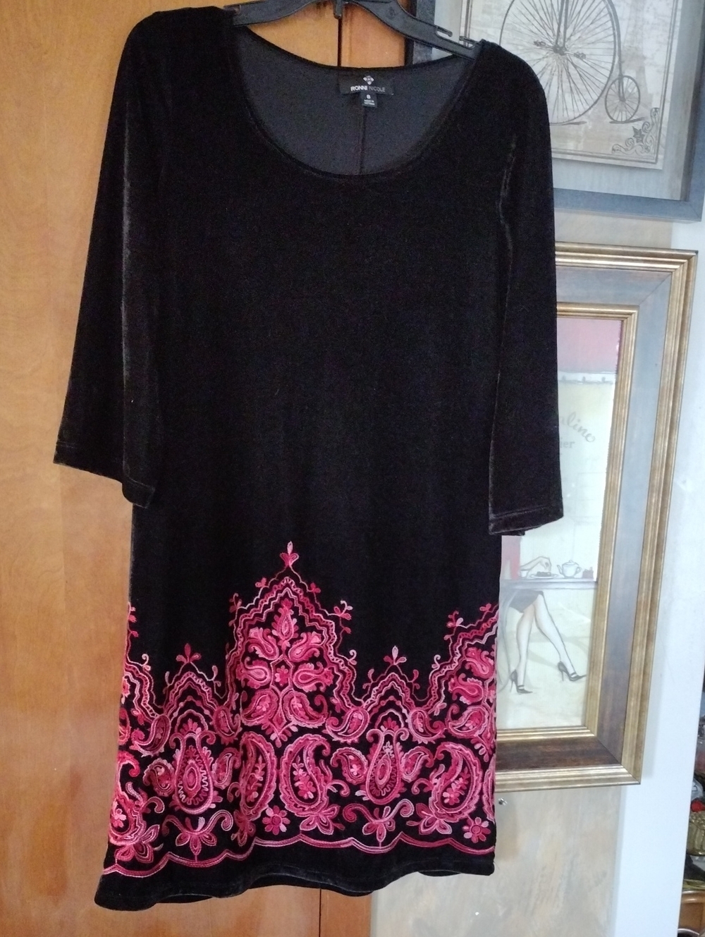 Ronni Nicole Black Velvet Midi Dress with Pink Embroidered Hem